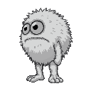 side view of an extremely fuzzy round monster with huge eyes.  oversized bare feet stick out below the creature.  greyscale. 16-bit.  pixel art.