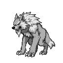 side view of a ferocious winter worg wolf monster.  greyscale. 16-bit.  pixel art.