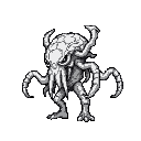 side view of abomination style cthulhu monster in the shape of a beholder.  it should have eyes all over its body.  greyscale. 16-bit.  pixel art.