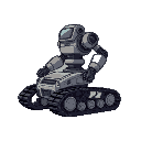  side view of a continuous track robot. humanoid torso is mounted on a tracked frame in the shape of a tank. it has a cylindrical body and arms with gadgets on it.  pixel art