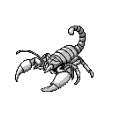 side view of a giant scorpion with an extra-long stinger.  greyscale. 16-bit.  pixel art.