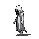 side view of a ghostly, floating, evil wraith made out of pure shadow.  greyscale. 16-bit.  pixel art.