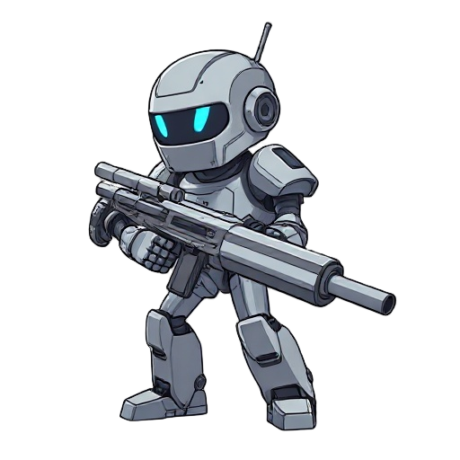 side view of a metallic humanoid robot holding a large photon rifle with no face features 