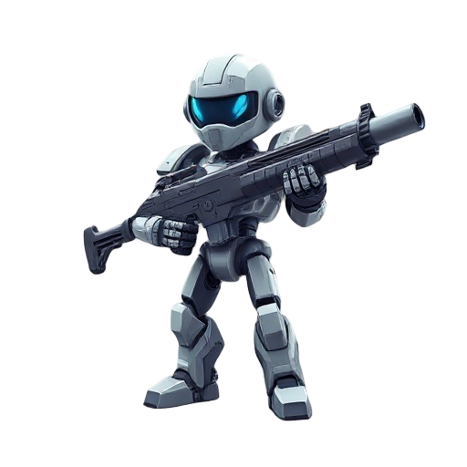 metallic humanoid robot holding a large futuristic photon rifle