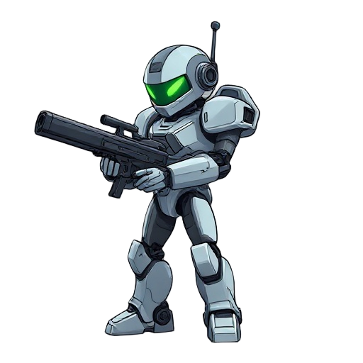 side view of a metallic humanoid robot holding a large photon rifle