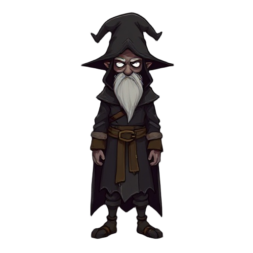 a dark mage wearing old and simple low class clothes
