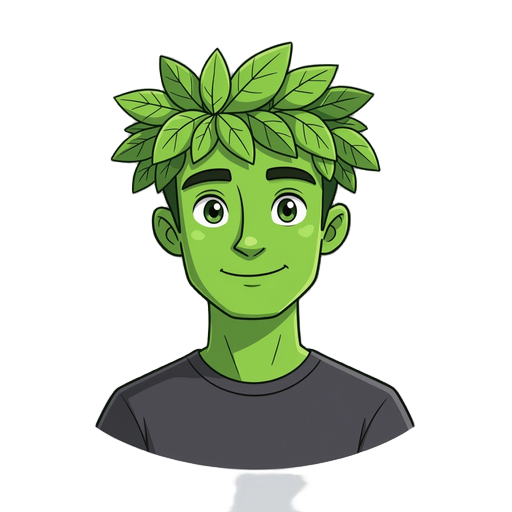 light green skin man with leaves on his head, no hair, simple black t shirt