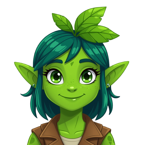 green skin creature named leafling with leaf on their head