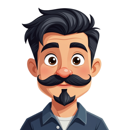 gnome with short black hair and dali moustache
