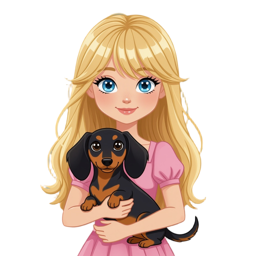girl with blue eyes and blonde bangs long hair wearing pink dress and holding black long haired dachshund