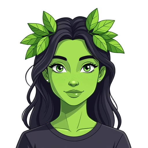 light green skin woman with leaves on his head, no hair, simple black t shirt