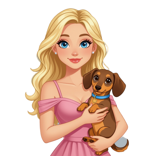 blonde blue eyes, pink dress, holding dachshund