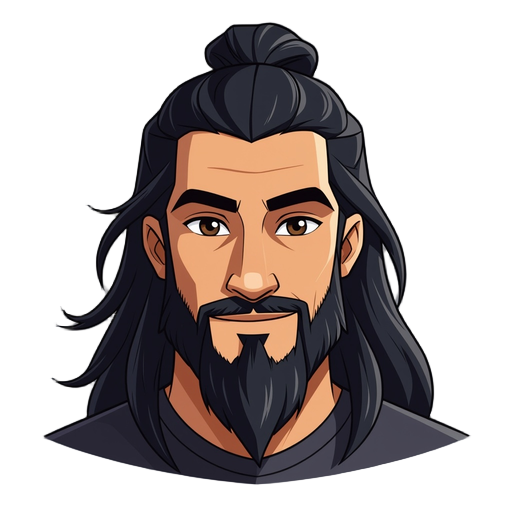 middle aged man with long black hair in manbun with a goatee beard