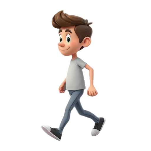 animar al personaje caminando hacia la derecha con movimiento de piernas, manos sutiles y leve rebote del pelo, todo en bucle fluido
