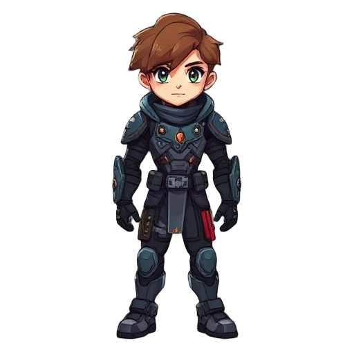 2d space mercenary boy with long brown hair with cyberpunk armor