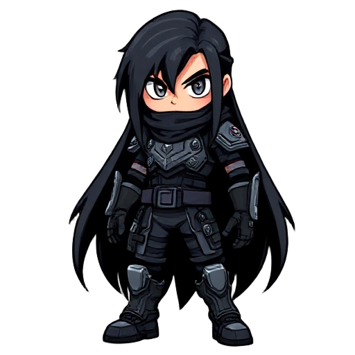 2d space mercenary boy with long black hair with cyberpunk armor who look dangerous