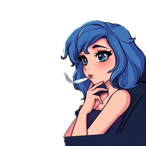 a girl with wavy long blue hair and black eyeliner smoking in a car looking at the moon from the window
