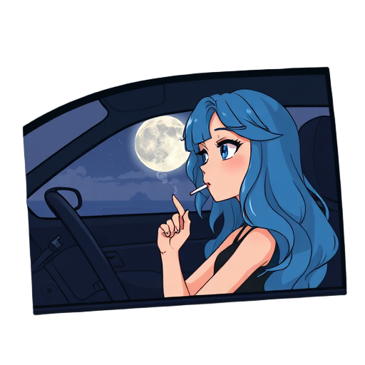 a girl with wavy long blue hair and black eyeliner smoking in a car looking at the moon from the window