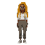 brown woman, wearing jogger pants and a white blouse, with yellow dreadlocks 