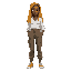 brown woman, wearing jogger pants and a white blouse, with yellow dreadlocks 