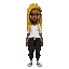 black woman, yellow dreadlocks, wearing white blouse, black jogger pants