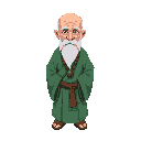 an elderly monk with a bald head and white beard, wearing jade green robes, with a monk bead necklace