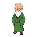 an elderly monk with a bald head and white beard, wearing jade green robes, wearing a monk bead necklace