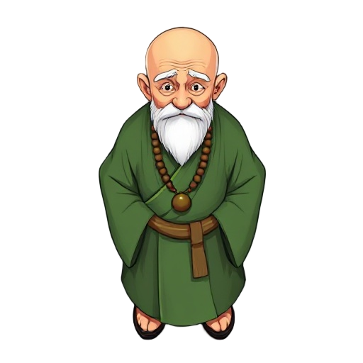 an elderly monk with a bald head and white beard, wearing jade green robes, with a monk bead necklace and a 