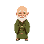 an elderly monk with a bald head and white beard, wearing jade green robes and a monk bead necklace