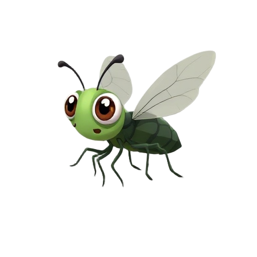 cartoon low poly insect enemy family, small flying bug child version, large bug eyes, segmented body, transparent wings, fast wing flapping, expressive face, fantasy creature, 2d side view sprite