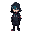 a hooded character with a partially hidden face, wearing bright dark clothes, stands in a side view with hands in pockets and determined eyes; the art style blends celeste and hyper light drifter.