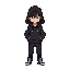 a character who wears a hood and partially hides his face, his clothes are dark but bright and his eyes are determined, he stands with his hands in his pockets, his art style is inspired by celeste an
