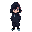 a hooded character with a partially hidden face, wearing bright dark clothes, stands in a side view with hands in pockets and determined eyes; the art style blends celeste and hyper light drifter.