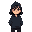 a character who wears a hood and partially hides his face, his clothes are dark but bright and his eyes are determined, he stands with his hands in his pockets, his art style is inspired by celeste an
