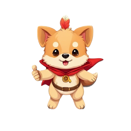 a cute little fluffy dog hero, with a red cape and a little bone weapon and a feather hat