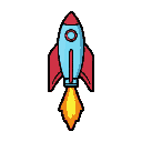 a pixel-art rocket with a light blue fuselage, a nose cone, and three bright red stabilizing fins, surrounded by a bold black outline. below, a propulsion flare in yellow and orange tones, also pixela