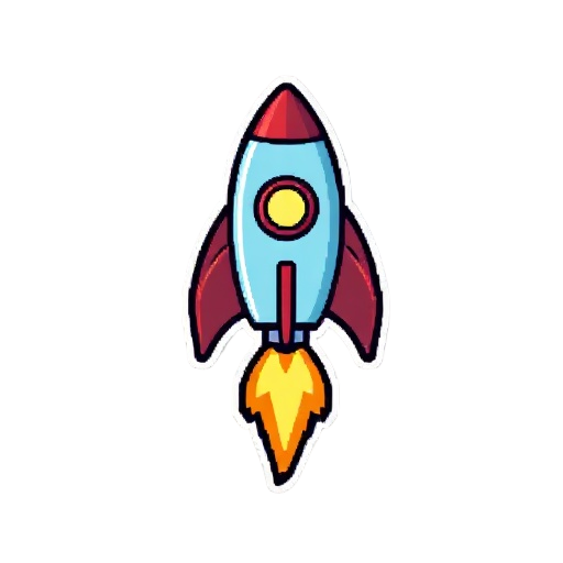 a pixel-art rocket with a light blue fuselage, a nose cone, and three bright red stabilizing fins, surrounded by a bold black outline. below, a propulsion flare in yellow and orange tones, also pixela