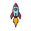 a pixel-art rocket with a light blue fuselage, a nose cone, and three bright red stabilizing fins, surrounded by a bold black outline. below, a propulsion flare in yellow and orange tones, also pixela
