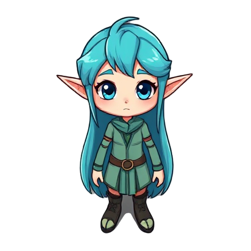 crie um personagem com cabelos longos de cor cyan, com orelhas pontudas parecido com elfos