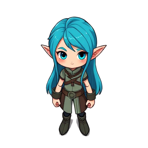 crie um personagem com cabelos longos de cor cyan, com orelhas pontudas parecido com elfos