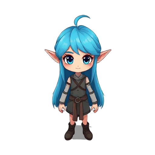 crie um personagem com cabelos longos de cor cyan, com orelhas pontudas parecido com elfos