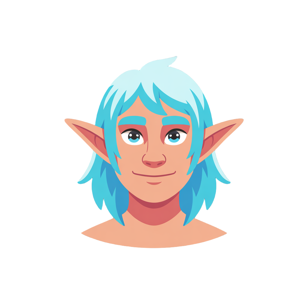 personagem masculino, com cabelos longos de cor cyan e branco, orelhas pontudas como as de um elf