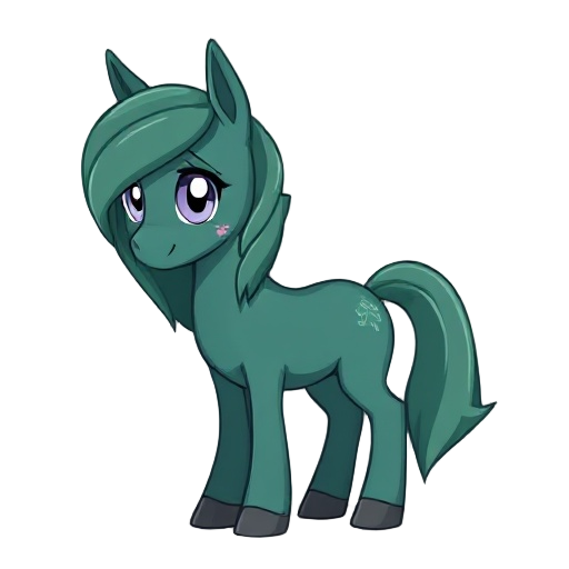 earth pony mare with a deep sea green coat and light grayish-lavender eyes. her mane is styled with thick bangs that sweep to the right side of her face