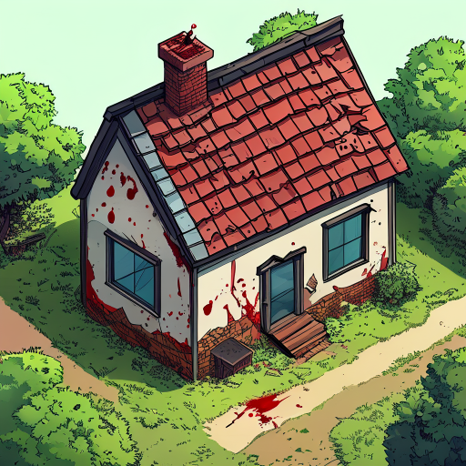 rural house has been built 15 years ago, have some broken roof tiles, windows of the house has glass but has slight touch of blood,the house has chimney.for a 2d top down shooter game not isometric