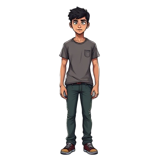  a young tone middle eastern teen, has average height, wearing t-shirt and jeans.relaistic looking out of zombie survival condition