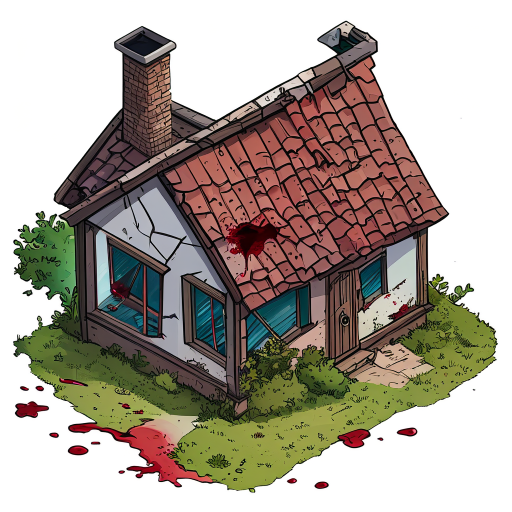 rural house has been built 15 years ago, have some broken roof tiles, windows of the house has crack glass has slight touch of blood,the house has chimney.for a 2d top down shooter game not isometric