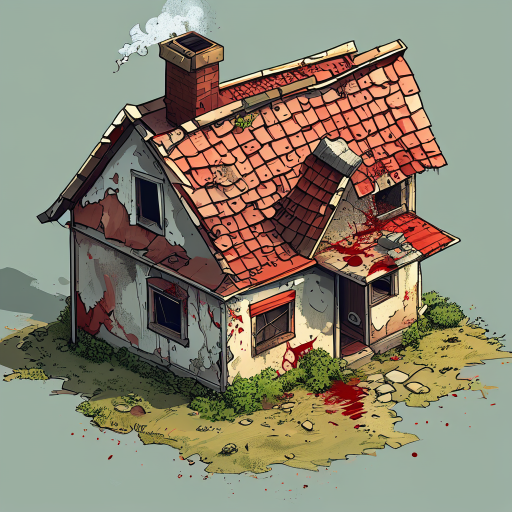 rural house has been built 15 years ago, have some broken roof tiles, windows of the house has slight touch of blood,the house has chimney.for a top down shooter game
