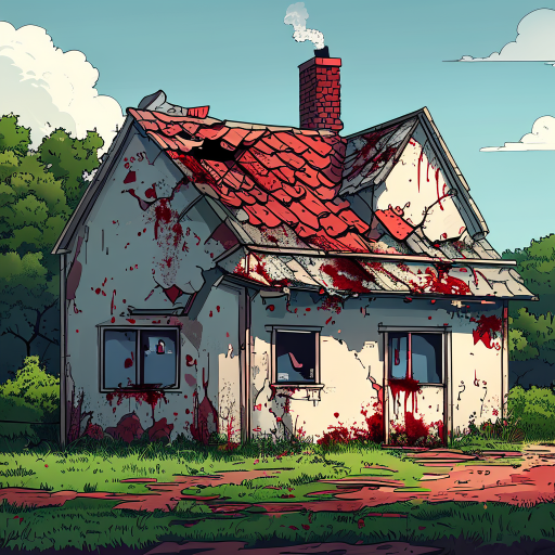 rural house has been built 15 years ago, have some broken roof tiles, windows of the house has slight touch of blood,the house has chimney.