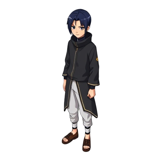 pria, jubah hitam khas akatsuki. kaos putih, celana coklat, sepatu warna hitam. rambut hitam acak tak beraturan. gaya gambar dengan ciri khas anime.