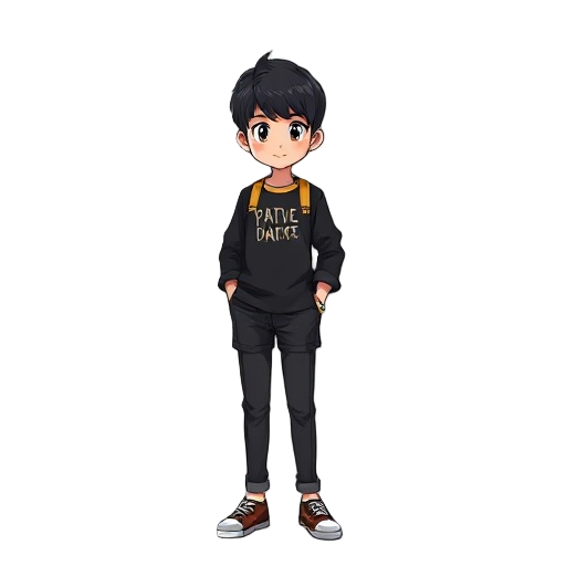 seorang remaja berusia 15 tahun, menggunakan jubah hitam,dengan kaos warna putih serta celana warna coklat, sepatu warna hitam. rambut hitam acak tak beraturan. gaya gambar dengan ciri khas anime.